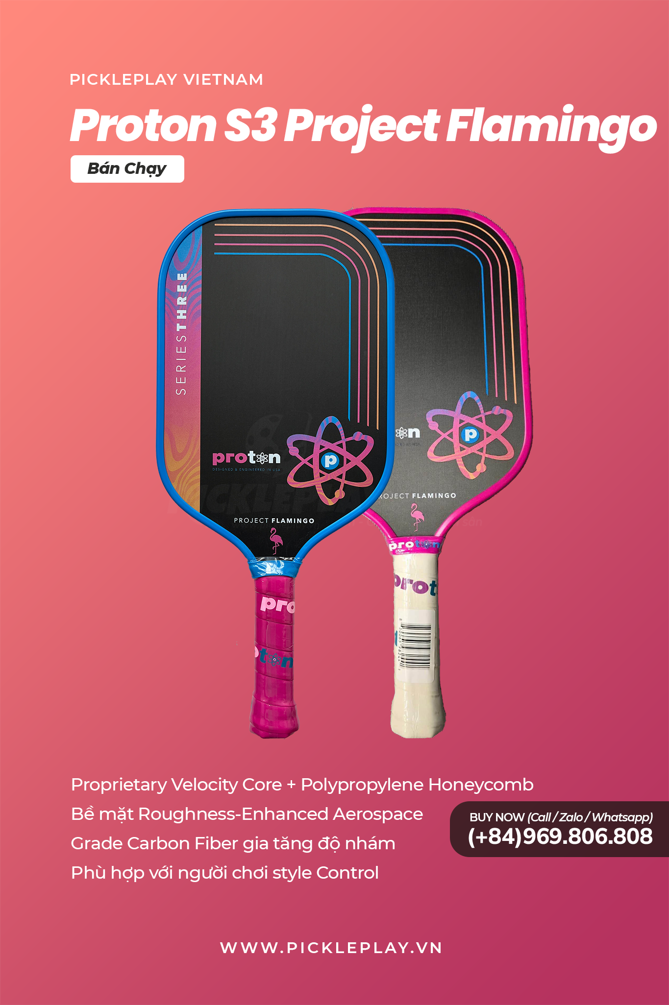 ラケット(硬式用) PROTON Series Three ProjectFlamingo Pink Proton Series Three Project Peacock 13mm Widebody Pickleball Paddle