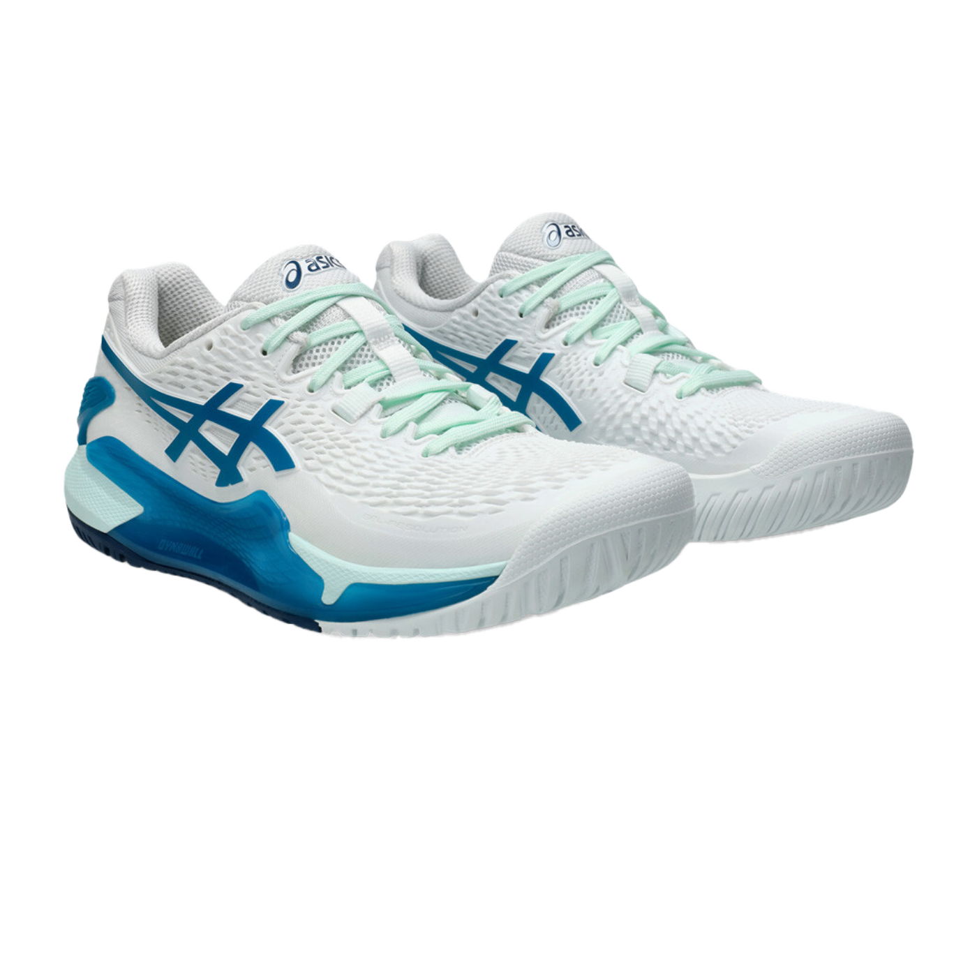 Pickleball Gel-Resolution 9 White / Teal Blue Shoes (For Women)