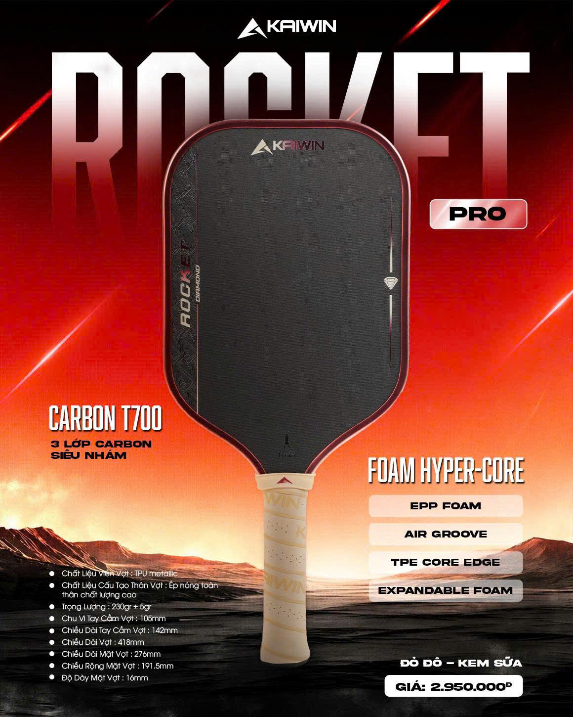 Review Vợt Pickleball Kaiwin Diamond Rocket Pro – FOAM HYPER-Core + EPP, TPE Core Edge, Carbon T700 Super Rough 3 Lớp