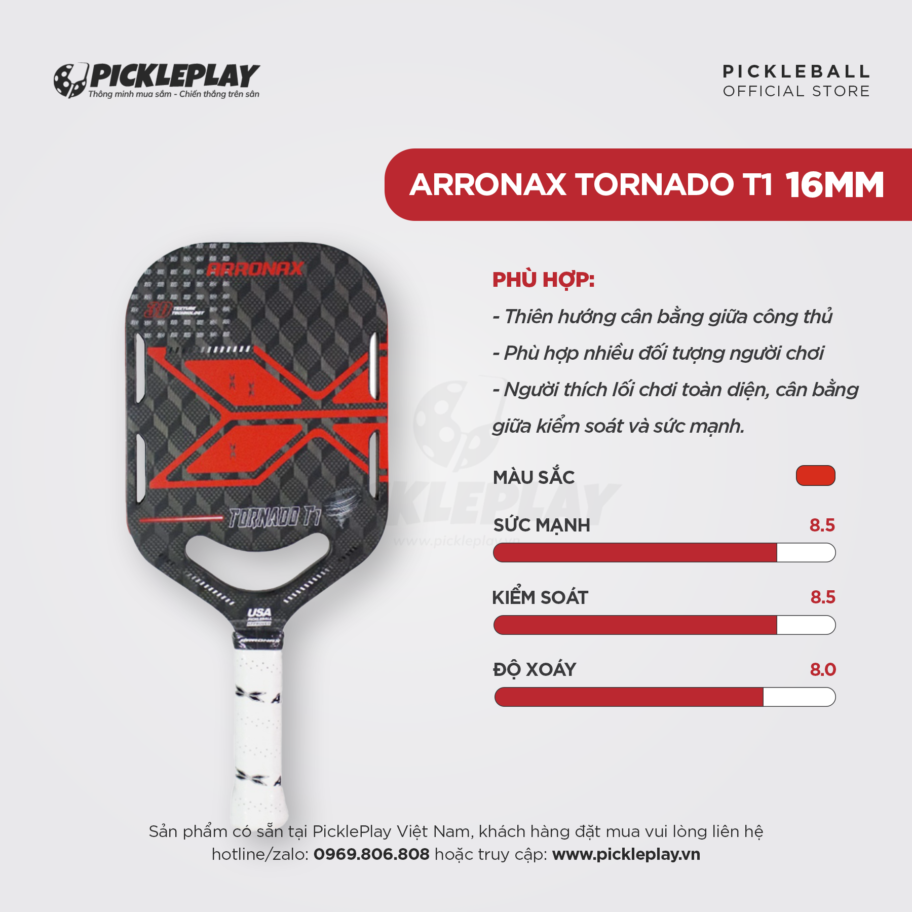 Vợt Pickleball Arronax Tornado T1 Thermoforming 18K Carbon Fiber